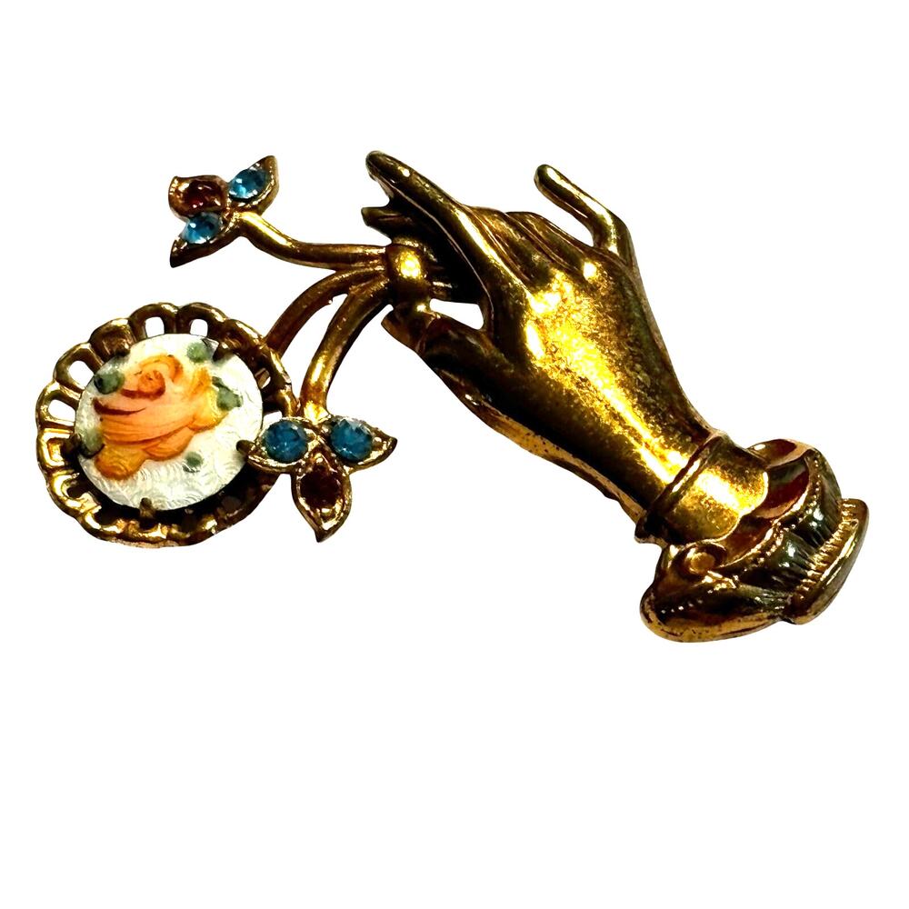 Vintage Coro gold hand & flower brooch blue red rhinestones guilloche enamel - Picture 2 of 5